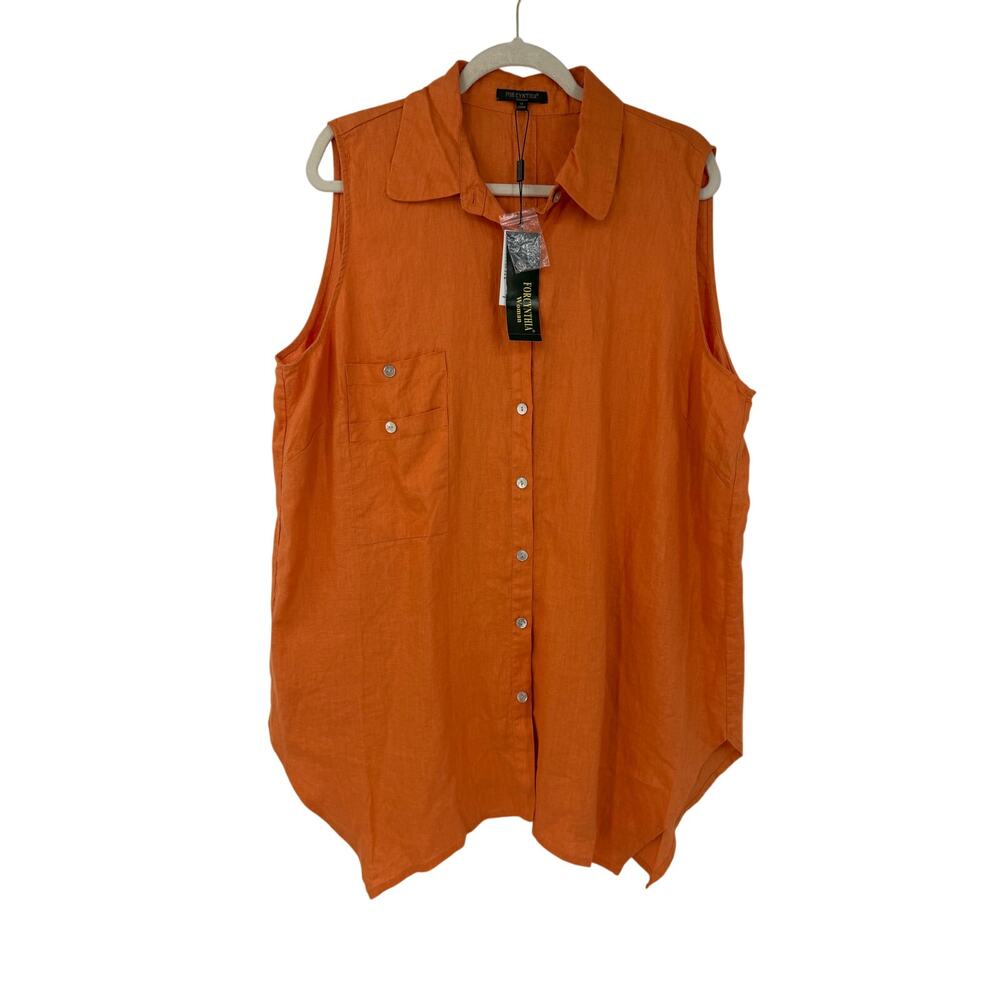For Cynthia Womens XL/1X Linen Button Up Shirt Sleeveless Tunic Apricot Orange